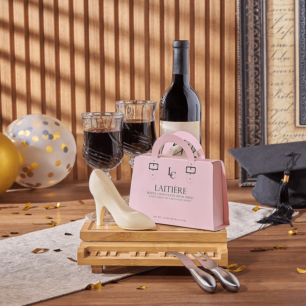 Graduation Wine Gift Basket Featuring Laitiere Gourmet Chocolates – how the gift is presented