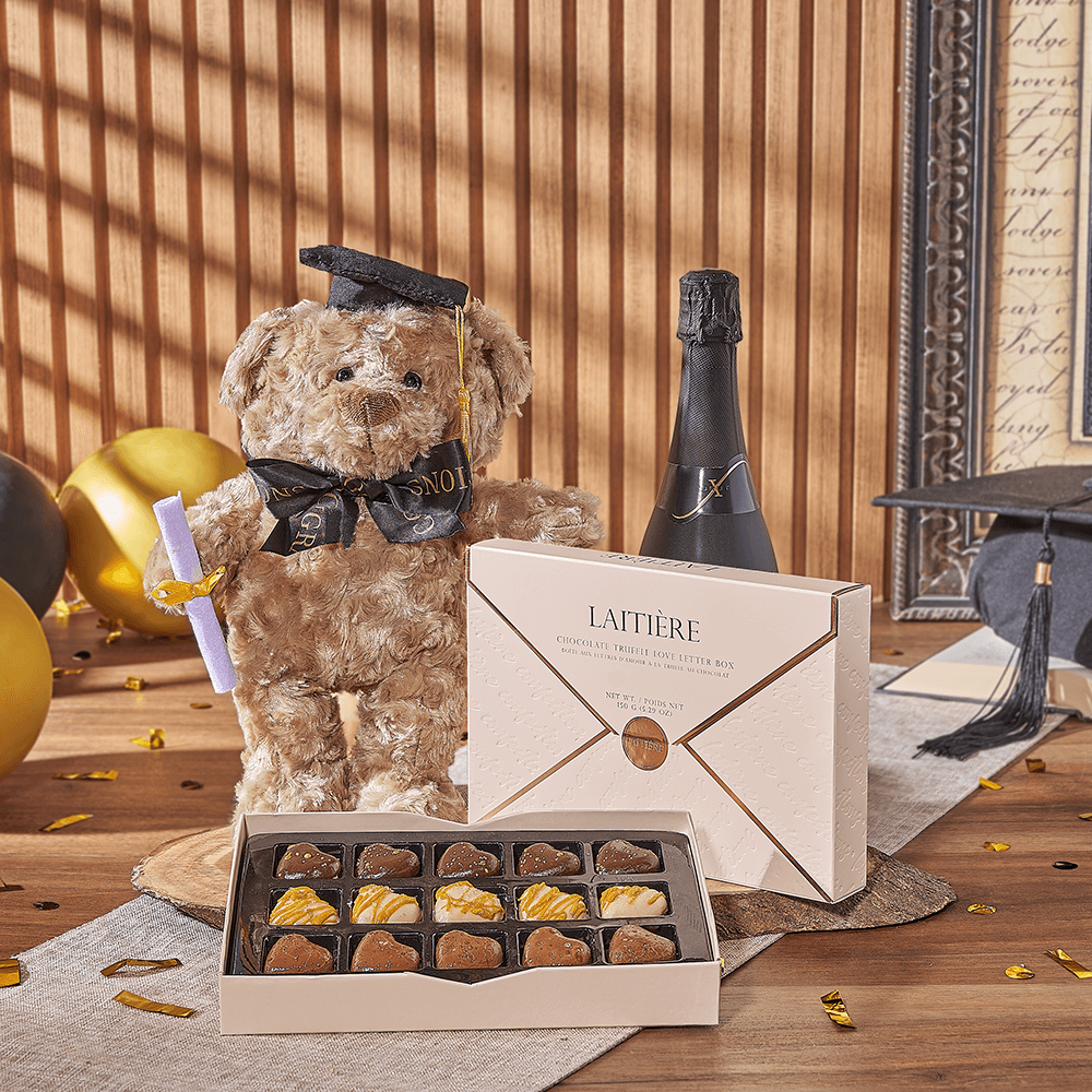 Champagne & Graduate Bear, champagne gift, champagne, sparkling wine gift, sparkling wine, graduation gift, graduation, chocolate gift, chocolate, New York City delivery