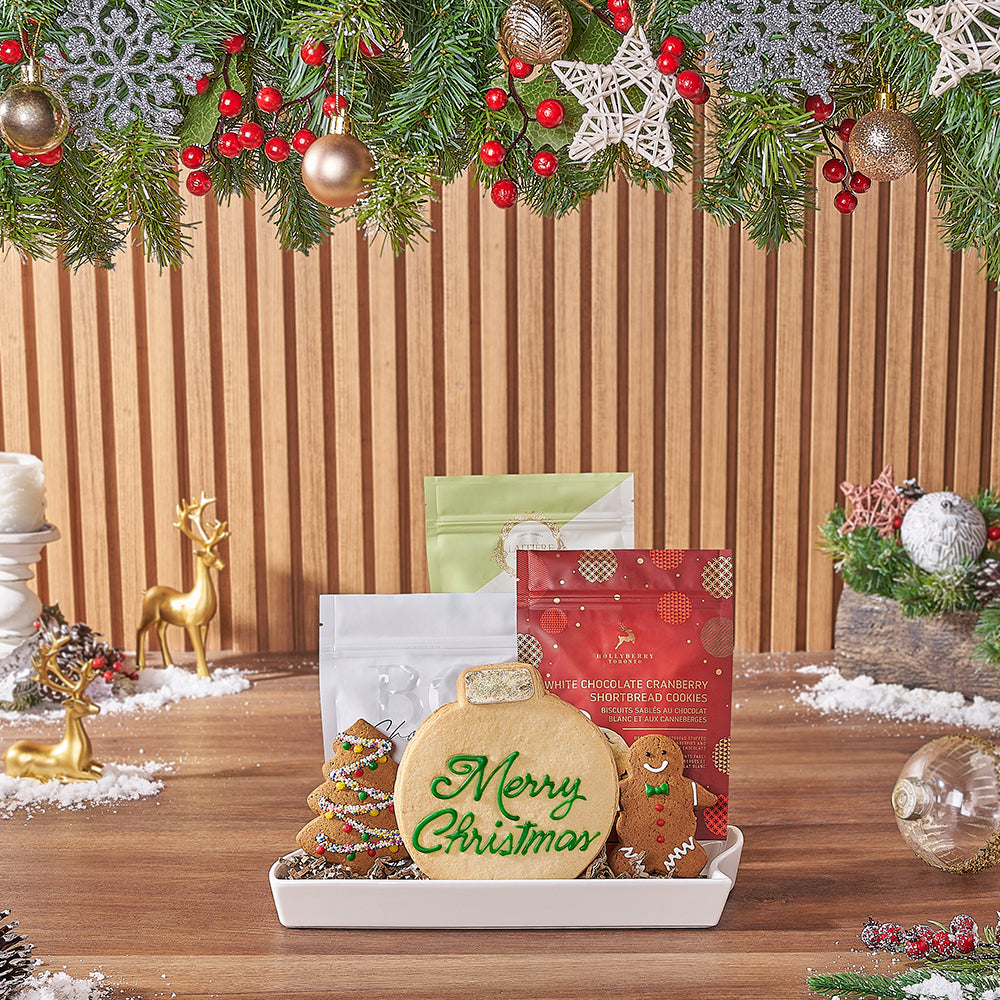 Festive Christmas Cake with Holiday Cookies and Ceramic Dish – how the gift is presented