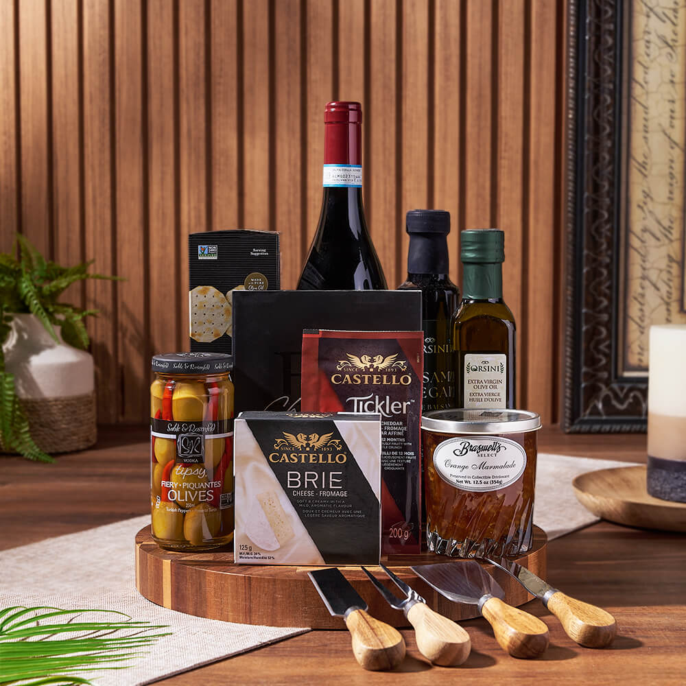 Premium Wine and Gourmet Cheese Gift Basket with Wood Cutting Board – how the gift is presented