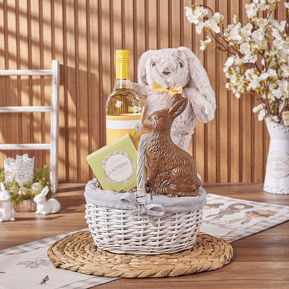 Easter Bunny Wine & Chocolate Basket, easter gift, easter, wine gift, wine, chocolate gift, chocolate, New York City delivery