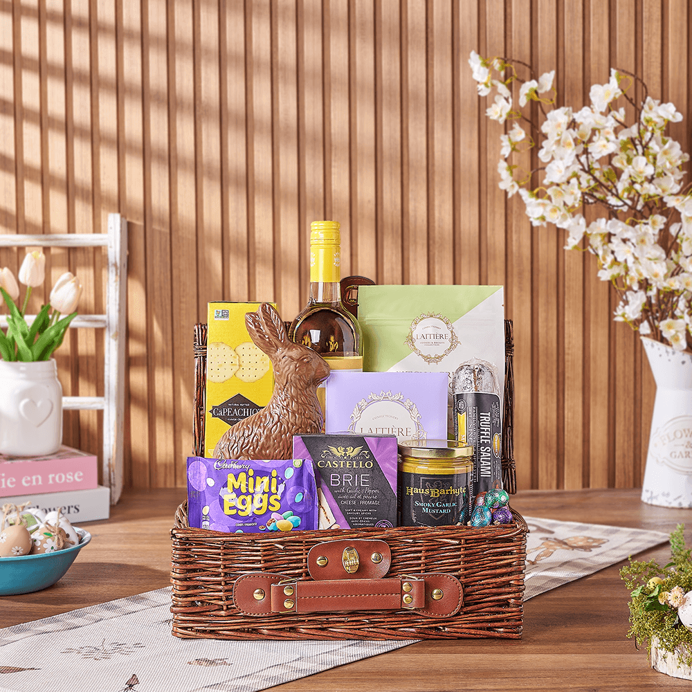 Easter Wine Picnic Basket, easter gift, easter, wine gift, wine, chocolate gift, chocolate, New York City delivery