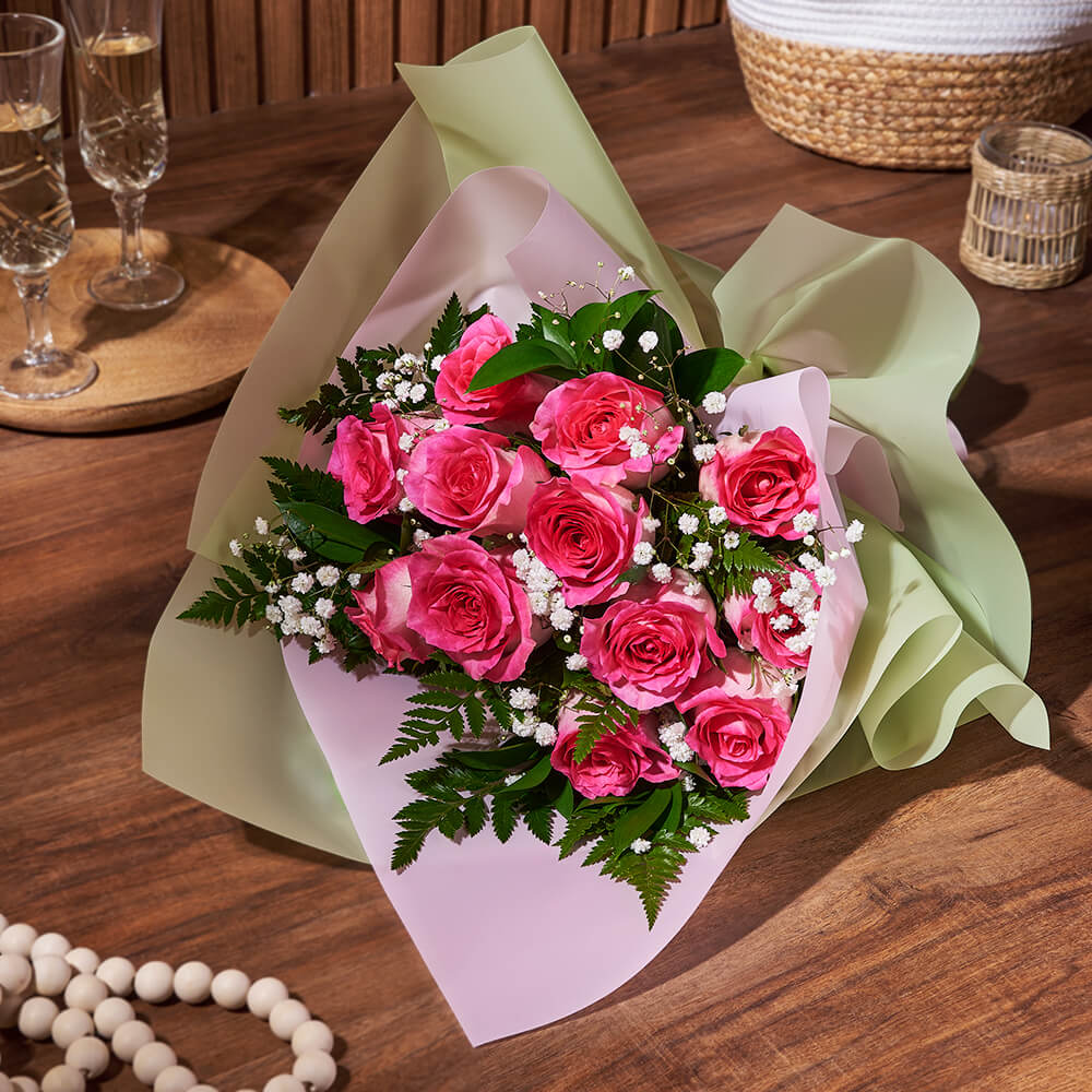 Tied Pink Rose Stem Bouquet – how the gift is presented