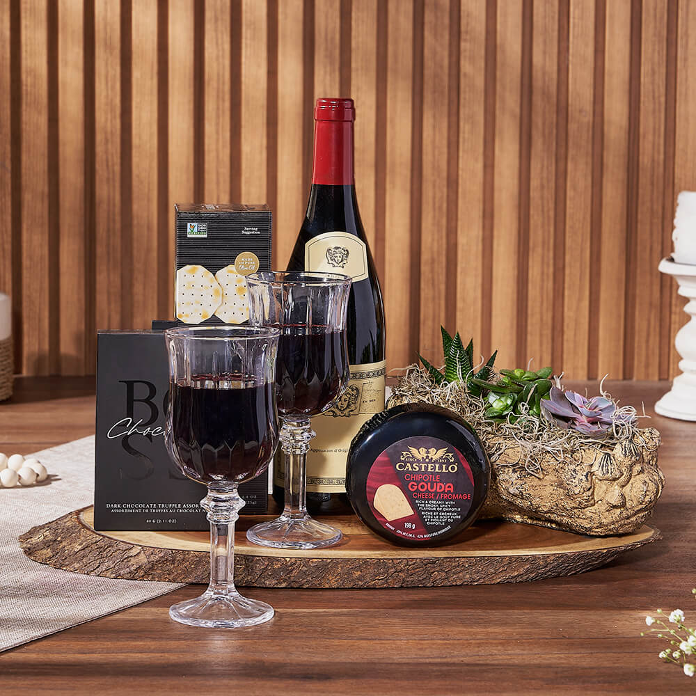 Elegant Wine Gift Basket Featuring Castello Gouda and Truffles – how the gift is presented