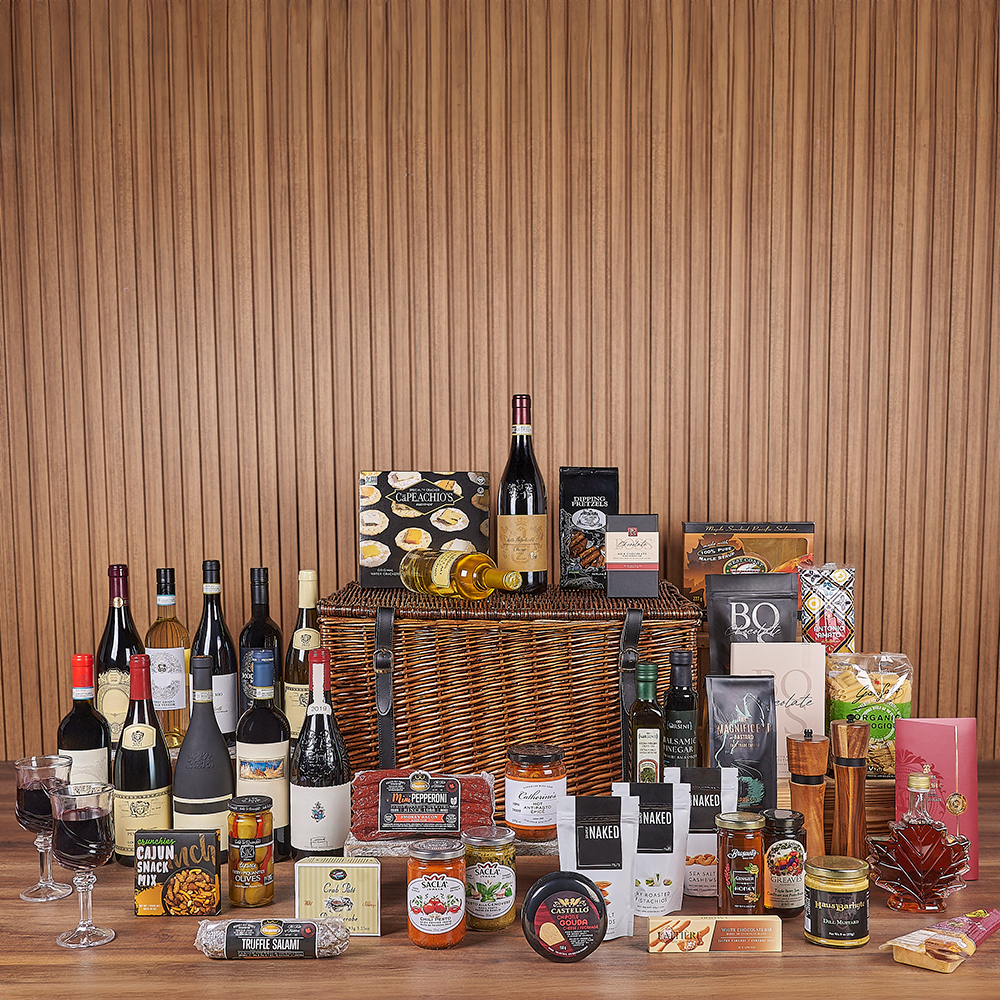 Vintage Wine Basket with Gourmet Pairings – how the gift is presented