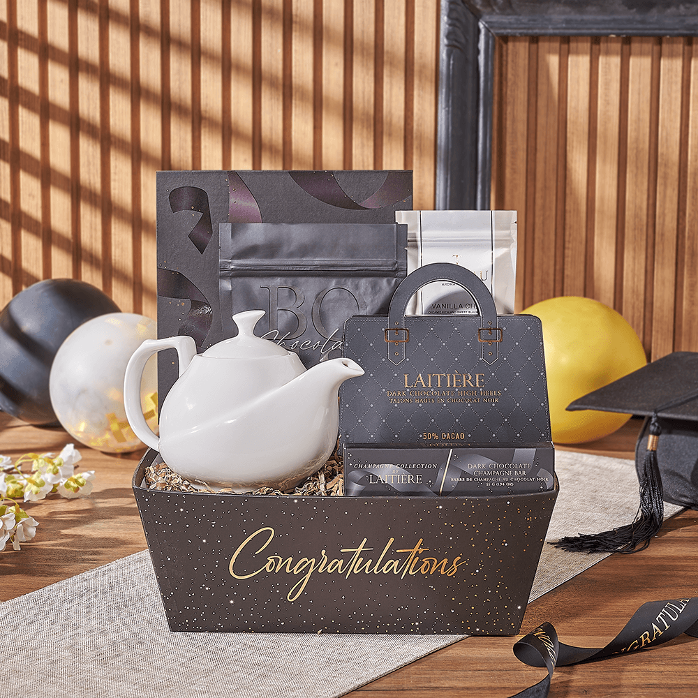 Graduation Gift Basket with Dark Chocolate Assortment and Tea – how the gift is presented