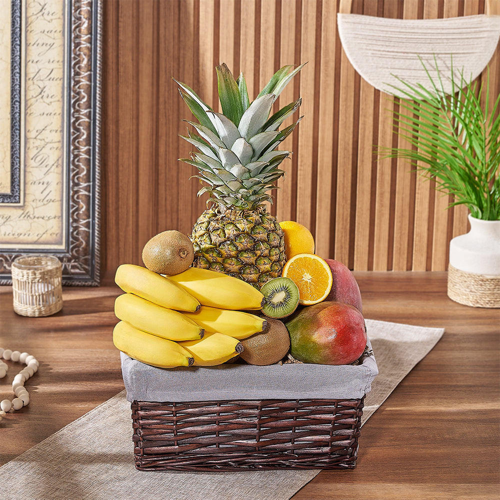 Fresh Fruit Display in Small Grey Split Willow Basket – how the gift is presented