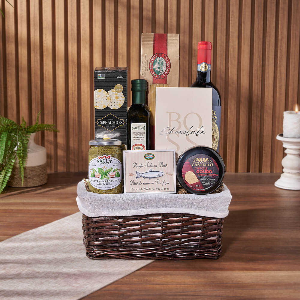 Wine with Assorted Gourmet Basket – how the gift is presented