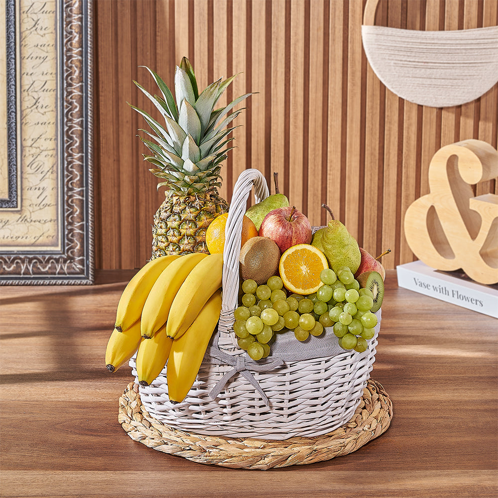 Large White Wicker Basket with Assorted Fresh Fruit – how the gift is presented