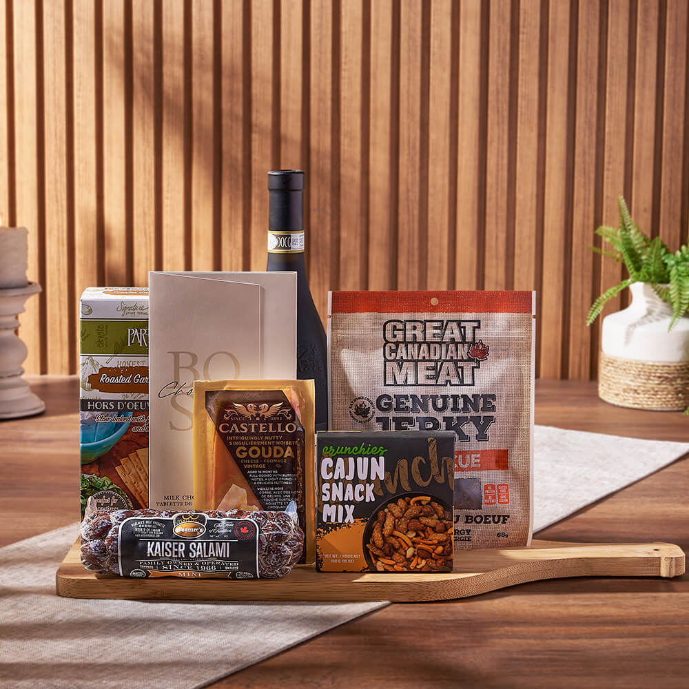 Classic Wine and Jerky Gift Basket – how the gift is presented