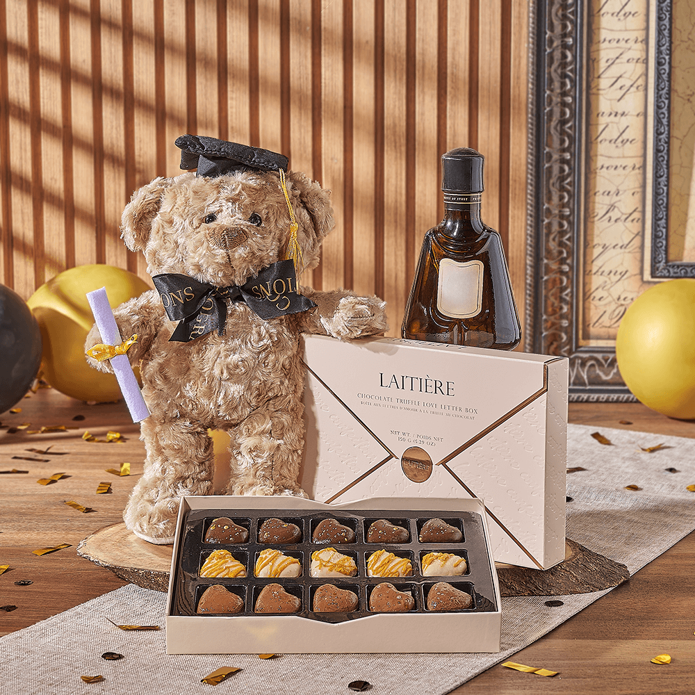 Spirits & Graduate Bear Gift, liquor gift, liquor, chocolate gift, chocolate, plush gift, plush, graduation gift, graduation, New York City delivery