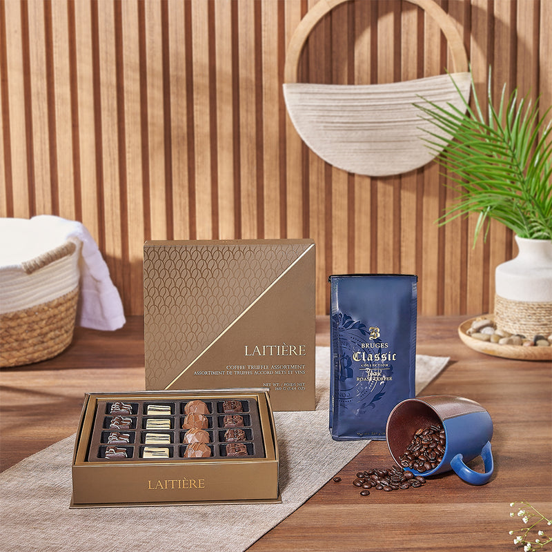 Signature Coffee and Truffle Set – gift basket with bruges dark roast coffee, laitiere coffee truffle assortment and germaine two-tone mug