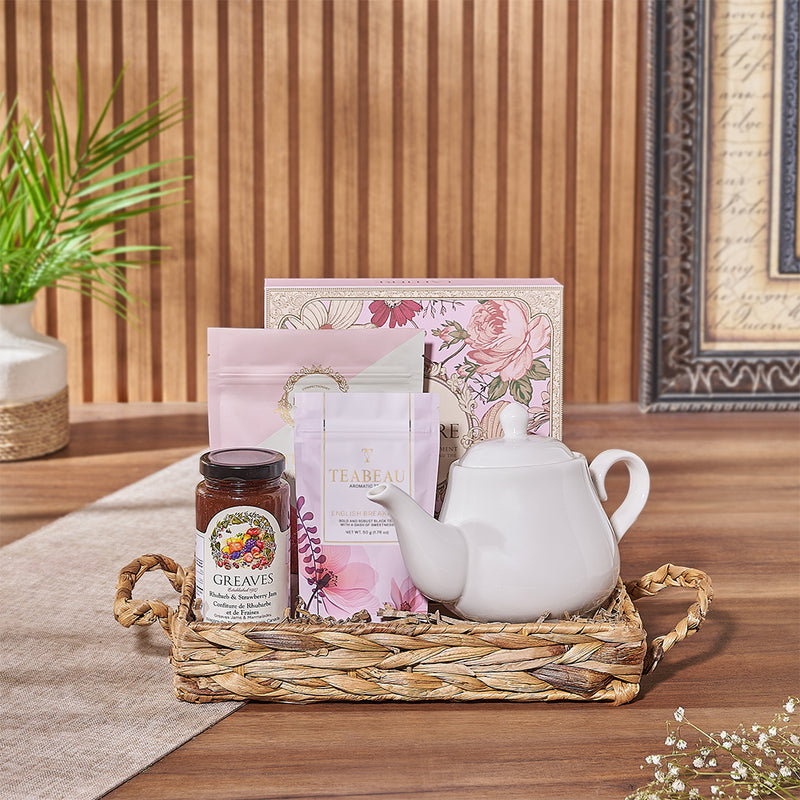 Assorted Tea and Sweet Treats Basket – gift basket with laitiere tea truffle assortment, laitiere white chocolate pink velvet cookies and teabeau