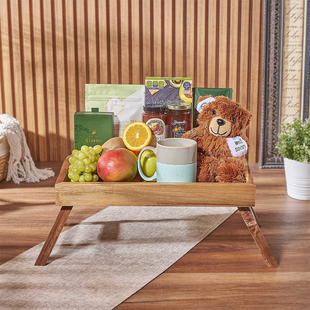 Get Well Plush Bear Basket – gift basket with laitiere matcha green tea cookies, wisecrackers avocado oil &amp; sea salt and bruges urban experience