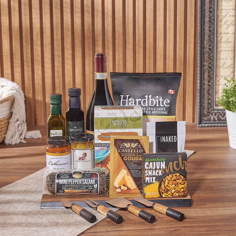 Artisanal Red Wine Basket and Knives – gift basket with bottle of wine, orsini balsamic vinegar and orsini extra virgin olive oil