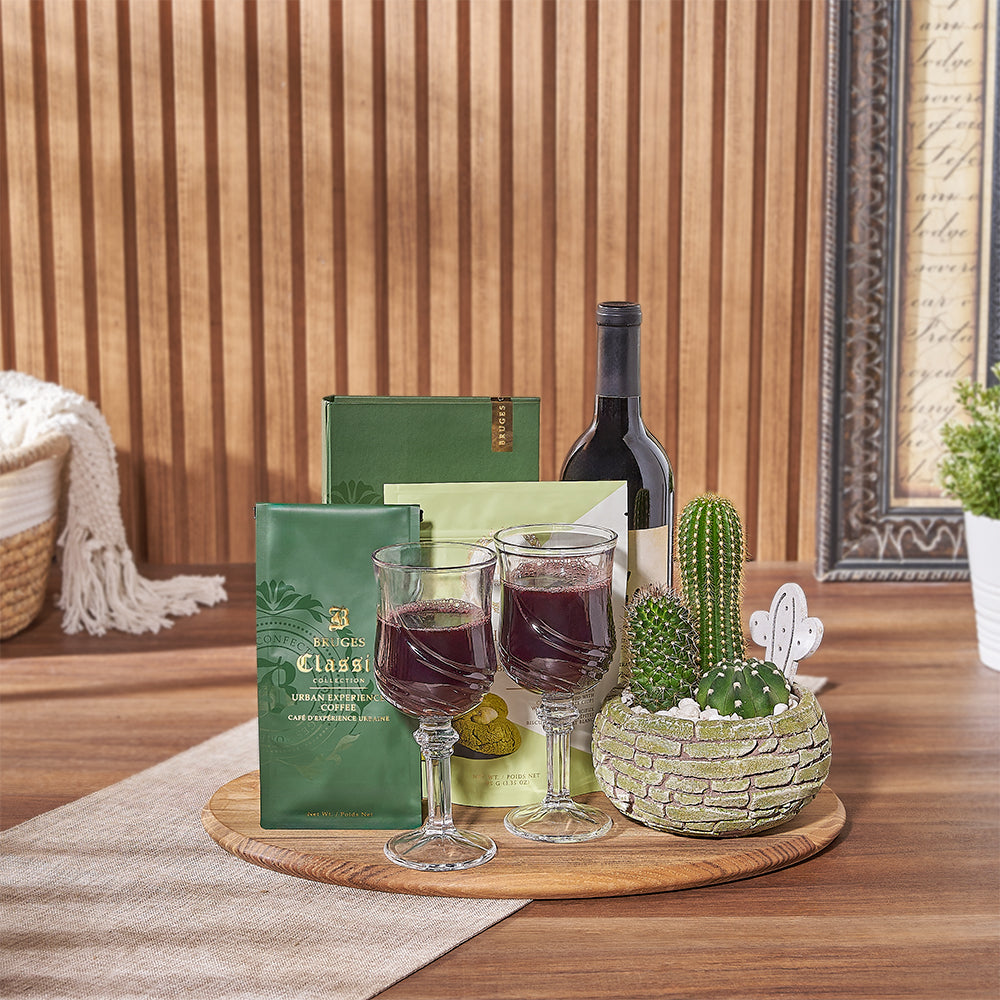 Wine Gift Basket with Cacti Planter – how the gift is presented
