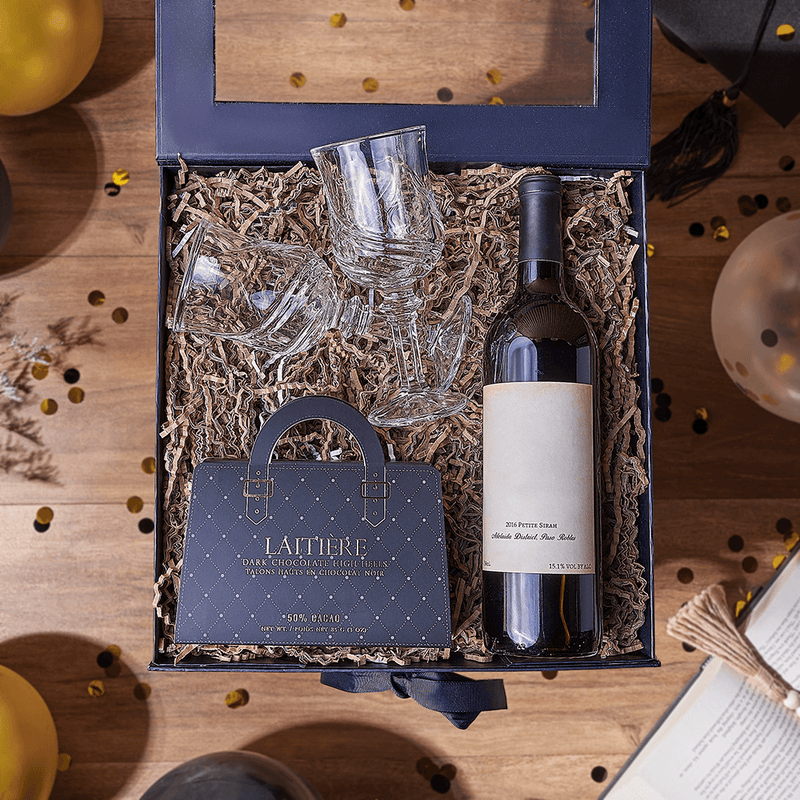 Raise a Glass Graduation Wine Gift Box, graduation gift, graduation, wine gift, wine, chocolate gift, chocolate, New York City delivery