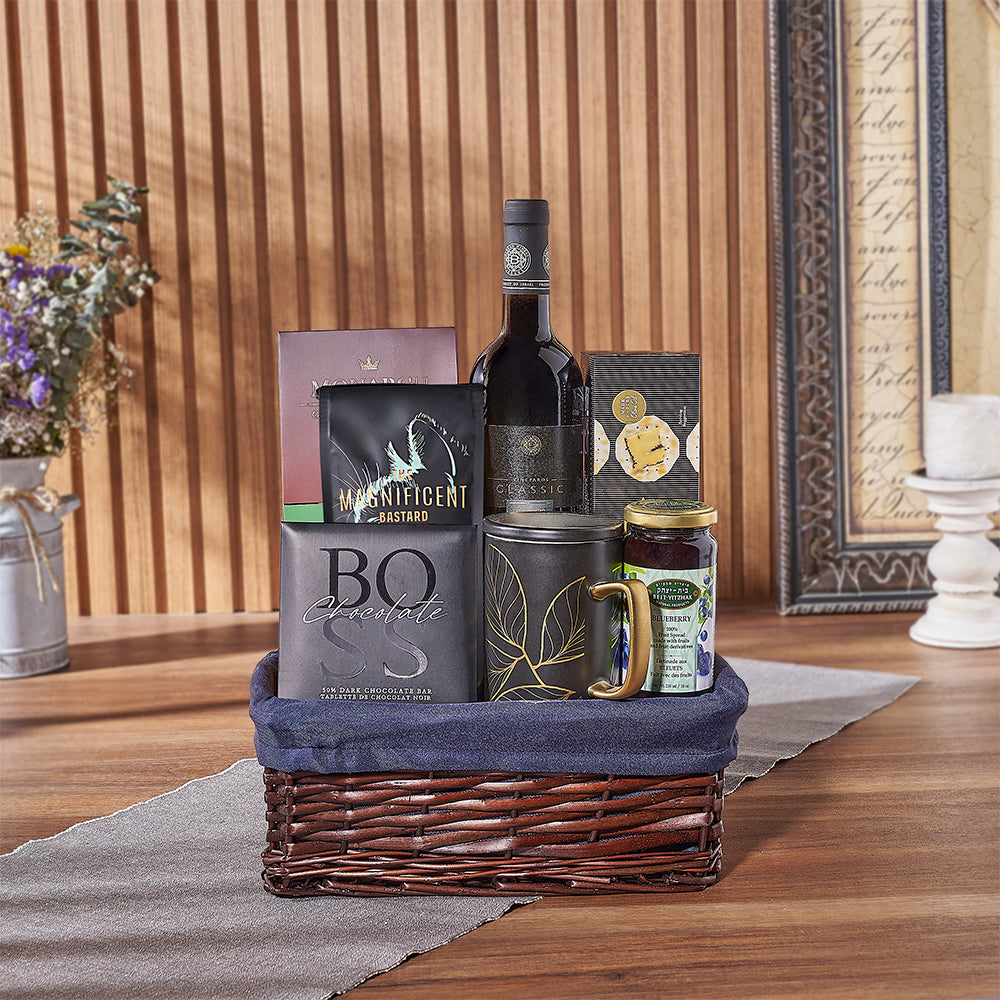 Hanukkah Kosher Wine and Gourmet Snack Basket – gift basket with kosher bottle of wine, capeachio's original water cracker and monarch chocolate