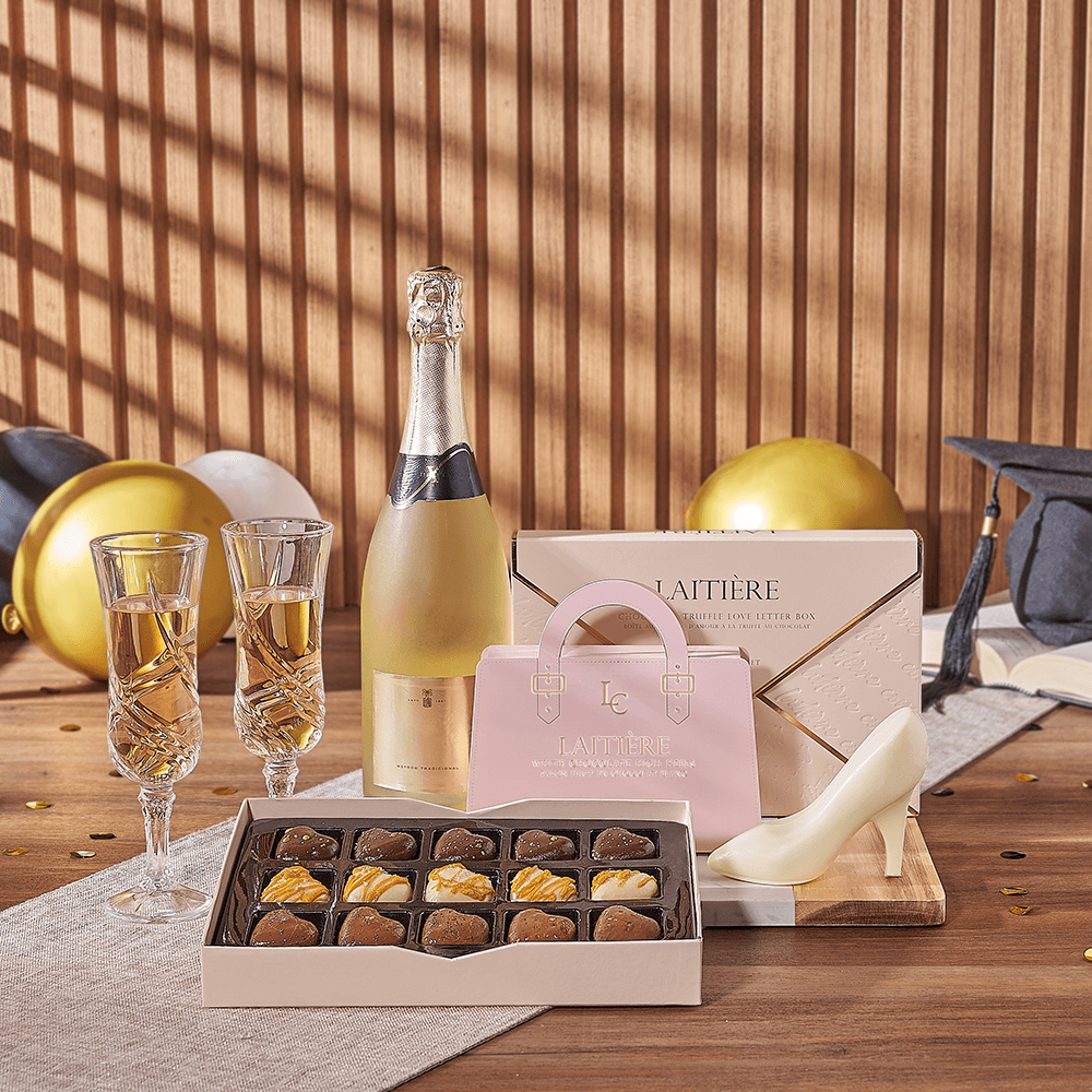 Bubbly Graduation Gift, graduation gift, graduation, chocolate gift, chocolate, champagne gift, champagne, sparkling wine gift, sparkling wine, New York City delivery