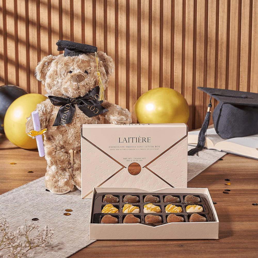 Graduation Plush Teddy and Truffle Box – how the gift is presented