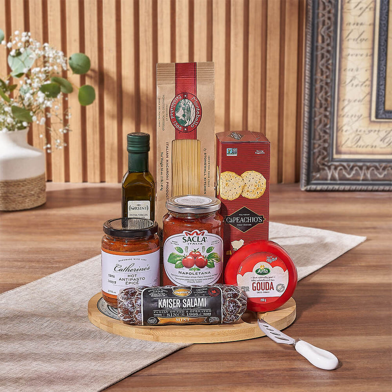 Italian Snack and Cheese Board Basket – gift basket with montebello spaghetti, capeachio's multigrain wheat cracker and orsini extra virgin olive oil
