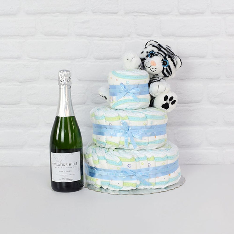 Adorable Tiger Diaper Cake & Champagne Gift from New York City Baskets -New York City Delivery