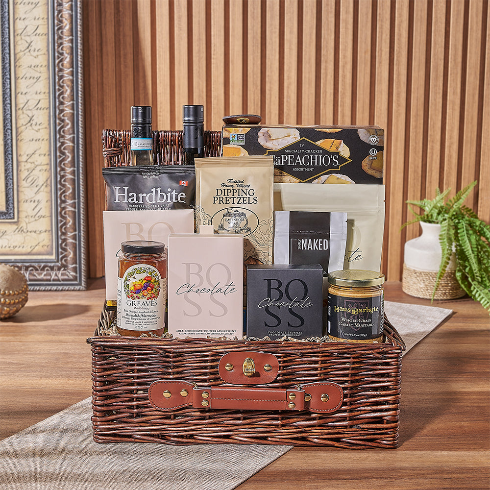 Cheese and Wine Picnic Basket – gift basket with salem baking co. aged sharp cheddar cheese straws, salem baking co. chocolate moravian cookies