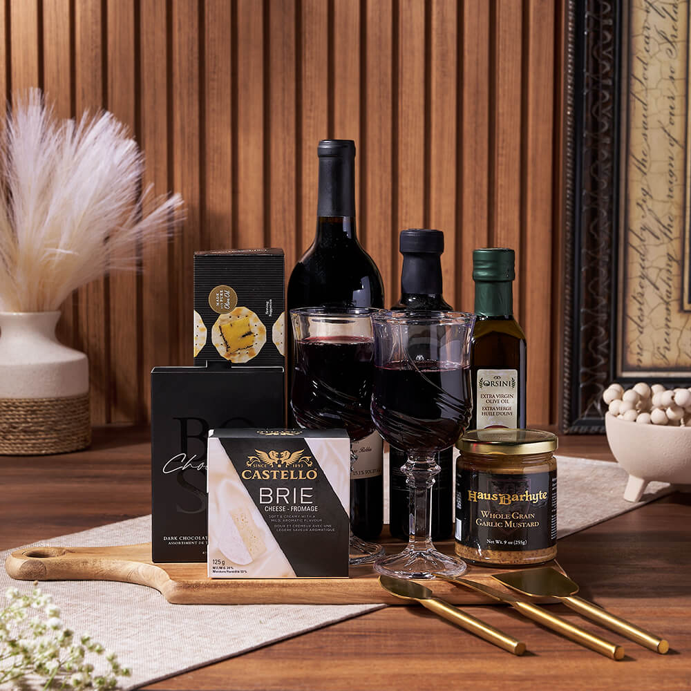 Luxury Wine Gift Basket Featuring Cheese, Olive Oil, and Chocolate – how the gift is presented