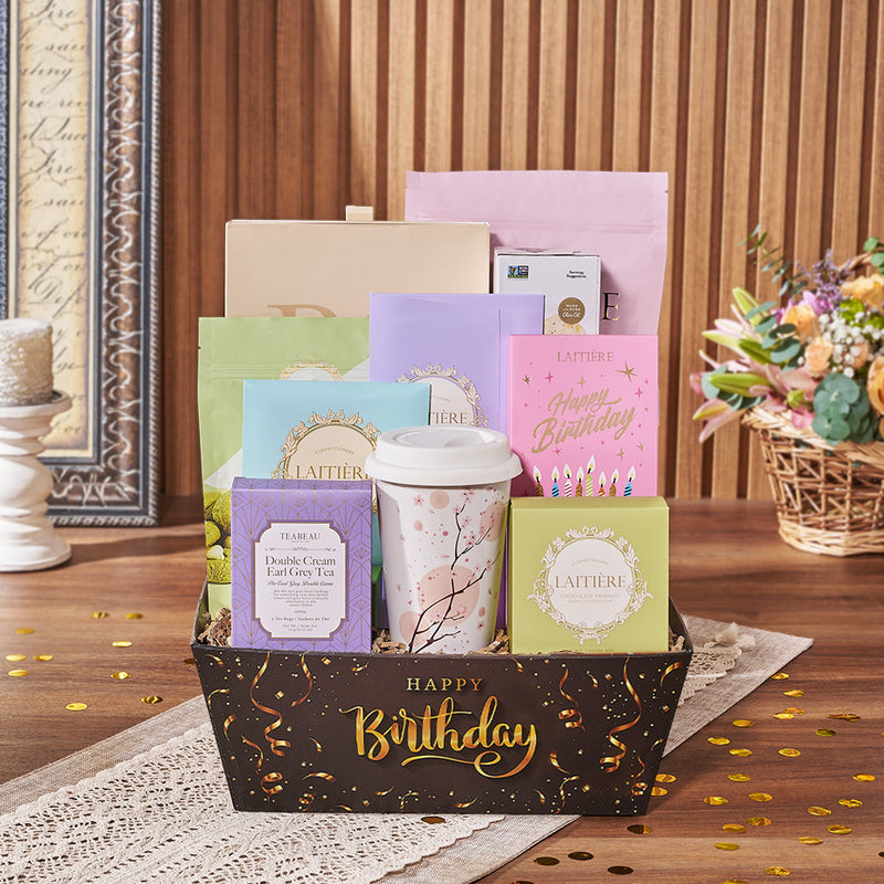Happy Birthday Gourmet Chocolate and Tea Basket – gift basket with this gift does not contain alcohol