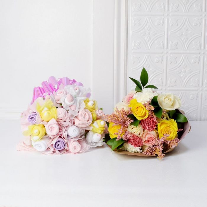 Fresh-Cut Floral Bouquet Featuring Baby Essentials for Newborn Girl – the bouquet