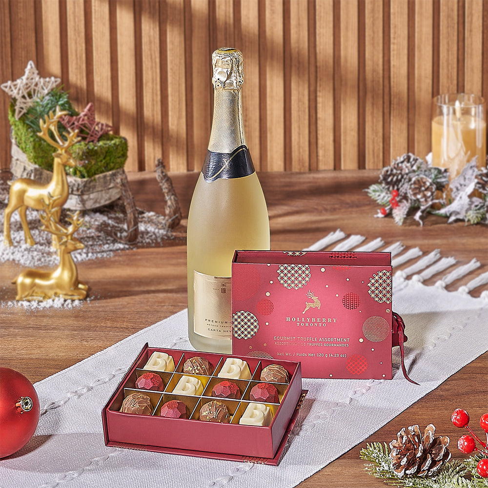 Deluxe Sparkling Wine Basket Featuring Hollyberry Holiday Chocolates – gift basket with bottle of sparkling wine and hollyberry gourmet truffle
