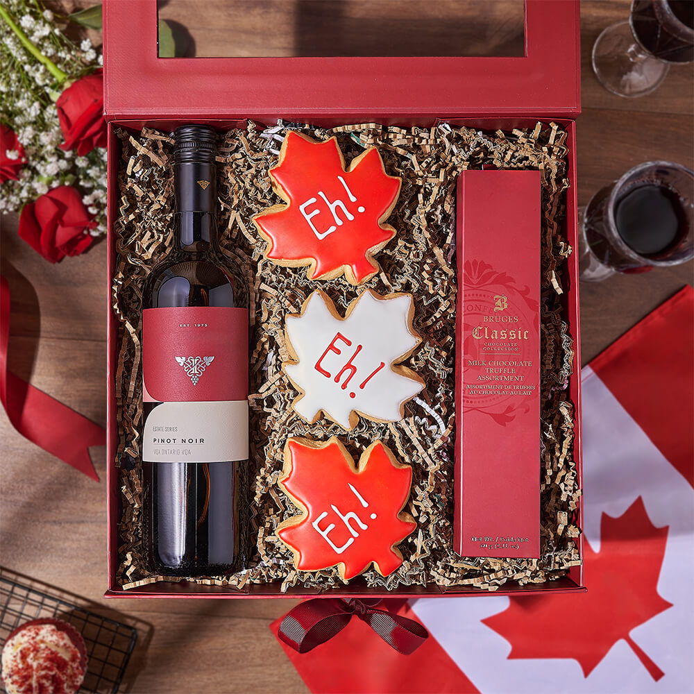 Canada Day Wine Gift Box, canada day gift, canada day, wine gift, wine, chocolate gift, chocolate, cookie gift, cookie, New York City delivery