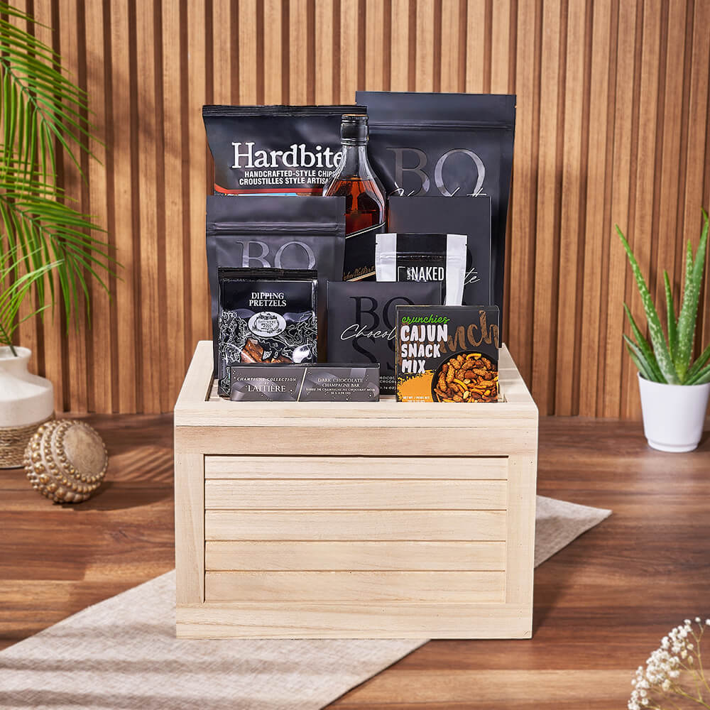Whiskey with Chocolate and Snacks – how the gift is presented