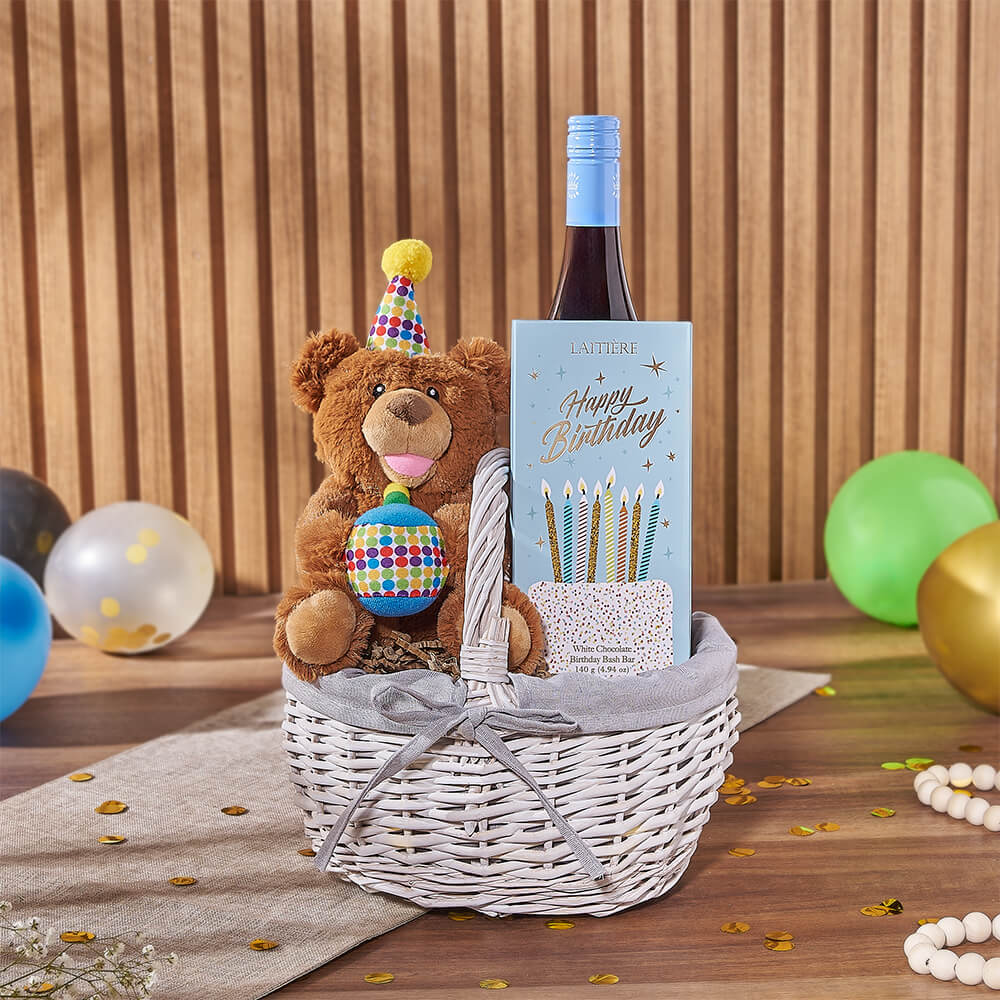 Charming Teddy &amp; Birthday Wine Gift Basket, wine gift, wine, birthday gift, birthday, chocolate gift, chocolate, New York City delivery