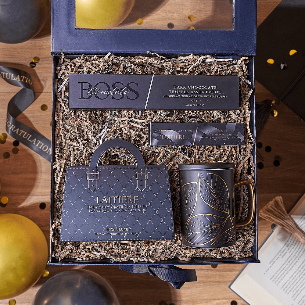 Dark Chocolate Gift Box with Mug – gift basket with laitiere dark chocolate high heels, boss dark truffle assortment - 6pcs narrow and laitiere