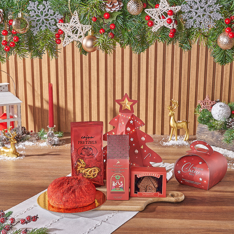 Festive Cheese Ball & Treats Gift Basket, christmas gift, christmas, chocolate gift, chocolate, cheeseball gift, cheeseball, New York City delivery