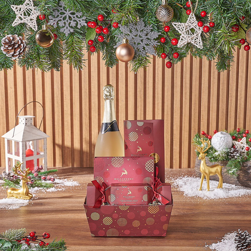 A Bubbly Christmas Treats Gift Basket, champagne gift, champagne, chocolate gift, chocolate, christmas gift, christmas, New York City delivery