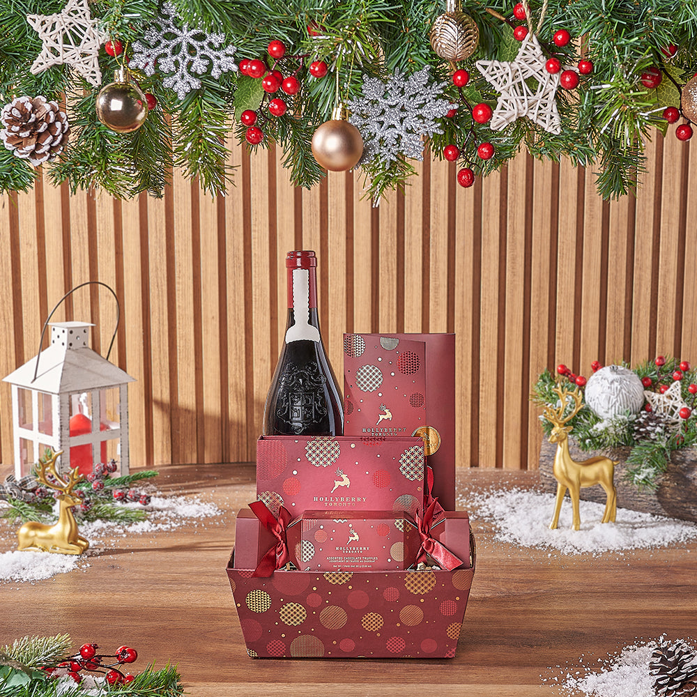 Our A Magical Christmas Wine Gift Basket, a curated selection of delightful goodies designed for a cozy celebration with friends and loved ones - New York City Delivery
