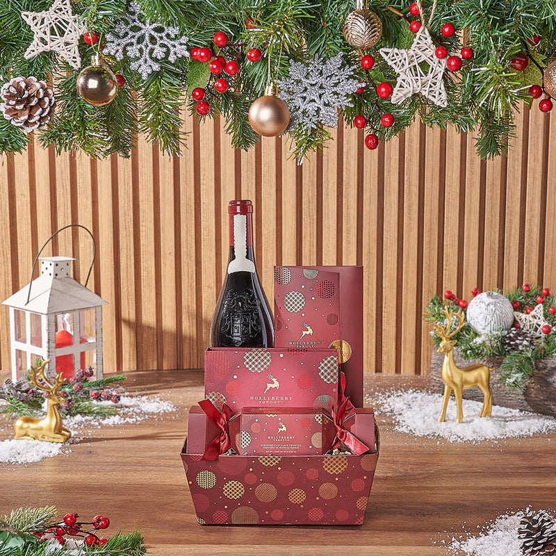 Our A Magical Christmas Wine Gift Basket, a curated selection of delightful goodies designed for a cozy celebration with friends and loved ones - New York City Delivery