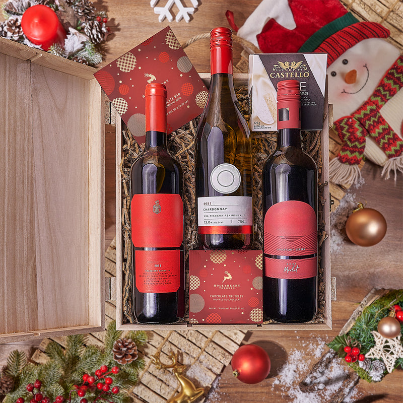 The Holly Jolly Wine Trio Box, wine gift, wine, chocolate gift, chocolate, cheese gift, cheese, New York delivery
