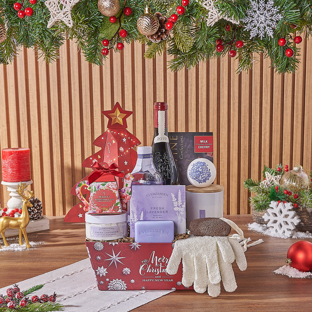 Holiday Fireside Wine & Spa Gift Set, wine gift, wine, spa gift, spa, chocolate gift, chocolate, tea gift, tea, New York City delivery