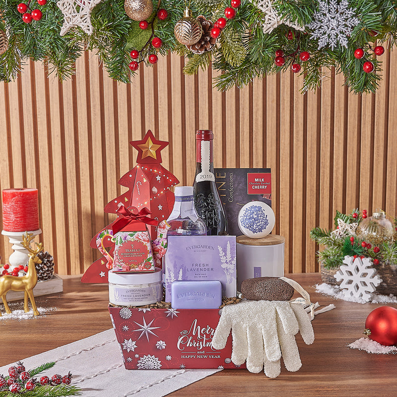 Holiday Fireside Wine & Spa Gift Set, wine gift, wine, spa gift, spa, chocolate gift, chocolate, tea gift, tea, New York City delivery