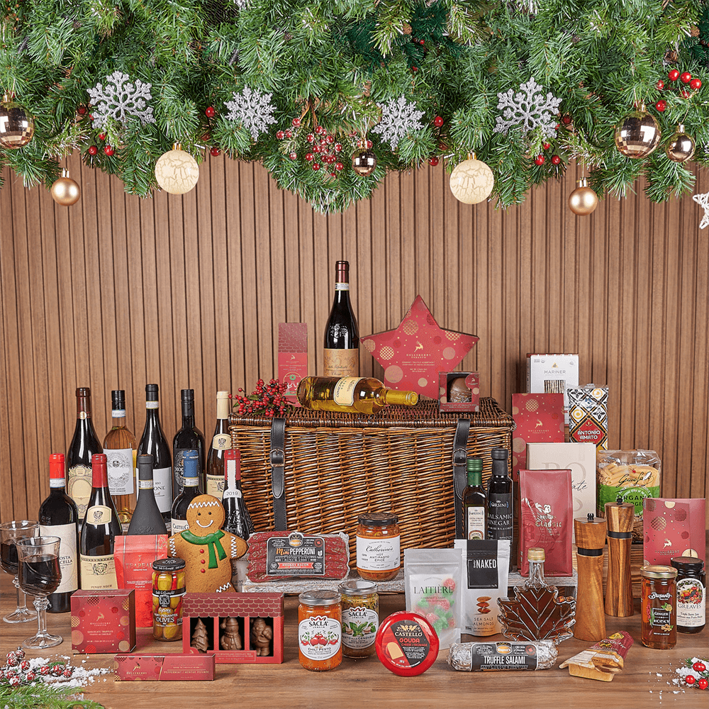 Christmas Wine &amp; Treat Extravaganza Basket, christmas gift, christmas, wine gift, wine, chocolate gift, chocolate, New York City delivery