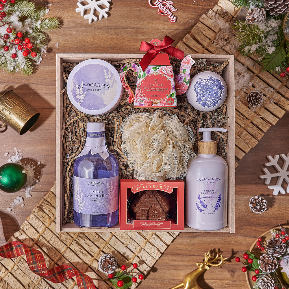 Christmas Serenity Spa Gift Set, chocolate gift, chocolate, Christmas gift, Christmas, tea gift, tea, spa gift, spa, bath gift, bath, New York City delivery
