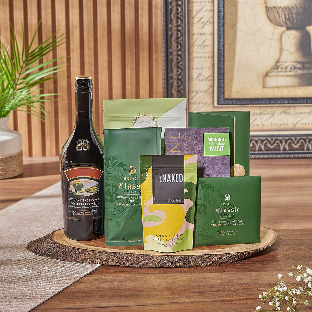 Premium Base Liquor with Gourmet Chocolate and Coffee Gift Basket – gift basket with oval live edge cutting board. metric