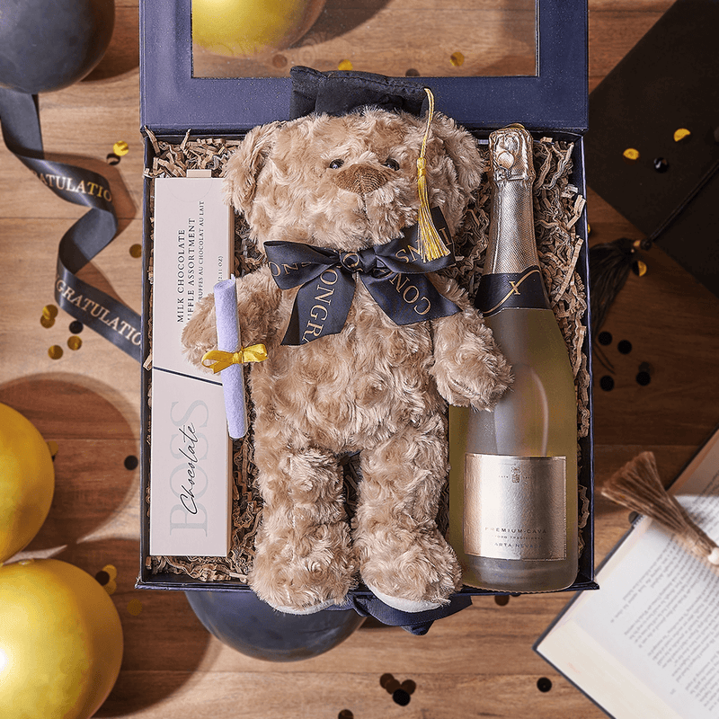 Happy Graduation Bubbly Teddy Bear Gift Box, champagne gift, champagne, sparkling wine gift, sparkling wine, graduation gift, graduation, New York City delivery