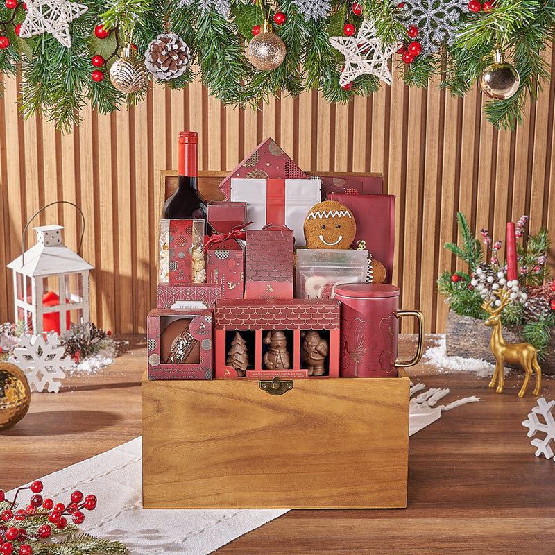 A Warm & Festive Christmas Gift Box, christmas gift, christmas, chocolate gift, chocolate, wine gift, wine, cookie gift, cookie, New York City delivery