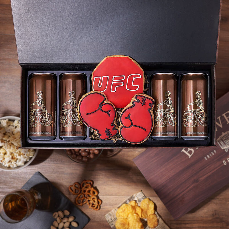 Craft Beer and Boxing Cookies Gift – gift basket with 4 american craft beers, UFC set red sugar cookies and brewery wooden 6 pcs beer can box