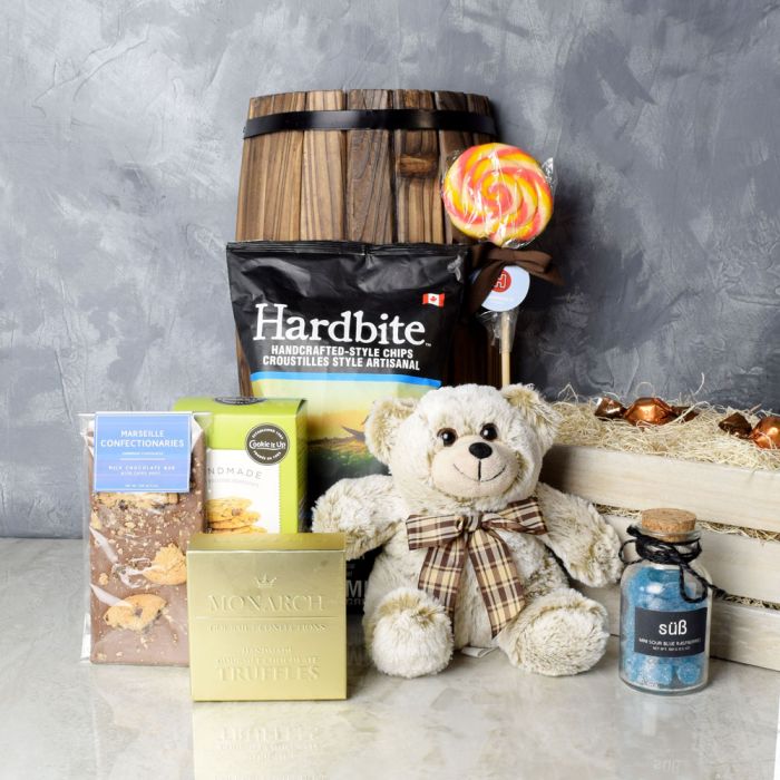 Assorted Gourmet Sweets in Wood Crate – gift basket with wooden crates with metal edges, chocolate-truffles-monarch-gold and hard bite rock salt &