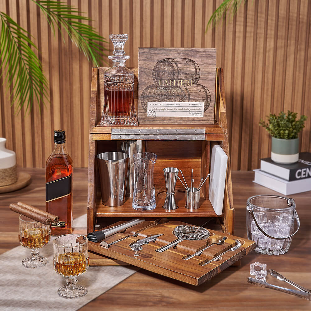 Whiskey and Truffles Gift Box – gift basket with bottle of whiskey, laitiere bourbon truffle assortment and 2 chandler glass cups